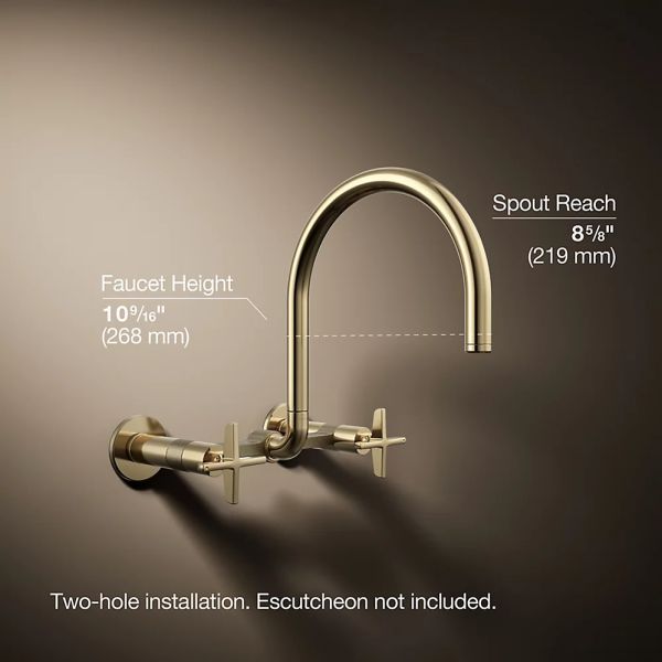 KOHLER® Billet® Vibrant French Gold 12" 2-Hole Wall-Mount Bridge Kitchen Sink Faucet with Cross Handles-4