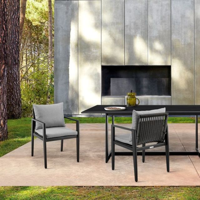 Armen Living Cayman 2-Piece Black/Gray Fabric/Metal/Rattan Outdoor Dining Arm Chair Set-1