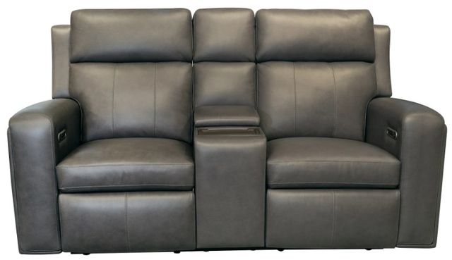 Flexsteel® Wyatt Gunmetal Gray Leather Power Reclining Loveseat with Console, Power Headrests and Lumbar-3