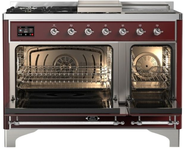 Ilve® Majestic III 48" Burgundy Pro Style Dual Fuel Natural Gas Range with French Top and Chrome Trim-1