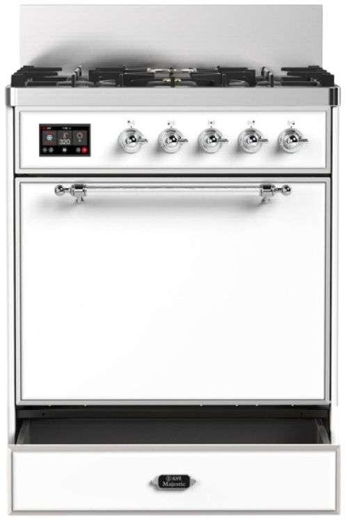 Ilve® Majestic III 30" White Pro Style Dual Fuel Natural Gas Range with Solid Door and Chrome Trim-2