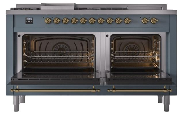 Ilve® Nostalgie II Noblesse 60'' Blue Gray Pro Style Dual Fuel Range with Brass Trim-2
