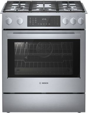 Front view of the Bosch Benchmark® 30" Stainless Steel Slide In Dual Fuel Range