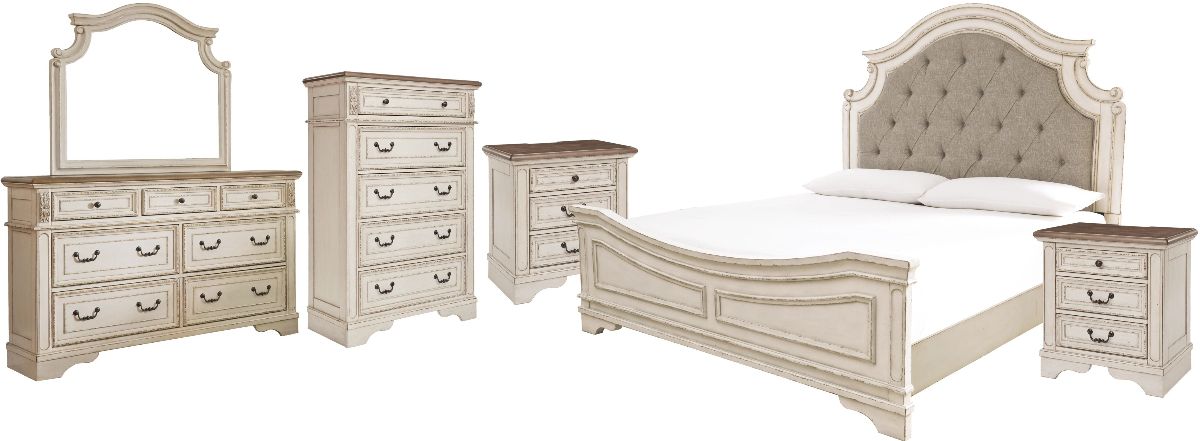 Signature Design by Ashley® Realyn 6-Piece Chipped White Queen Upholstered Panel Bed Set