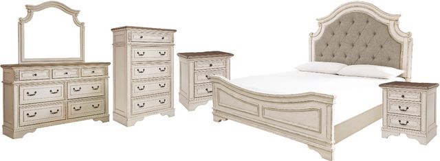 Signature Design by Ashley® Realyn 6-Piece Chipped White Queen Upholstered Panel Bed Set-0