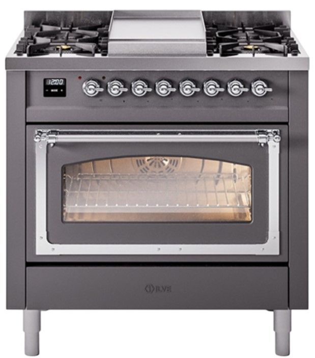 Ilve® Nostalgie II Noblesse 36'' Graphite Matte Pro Style Dual Fuel Range with Chrome Trim-0