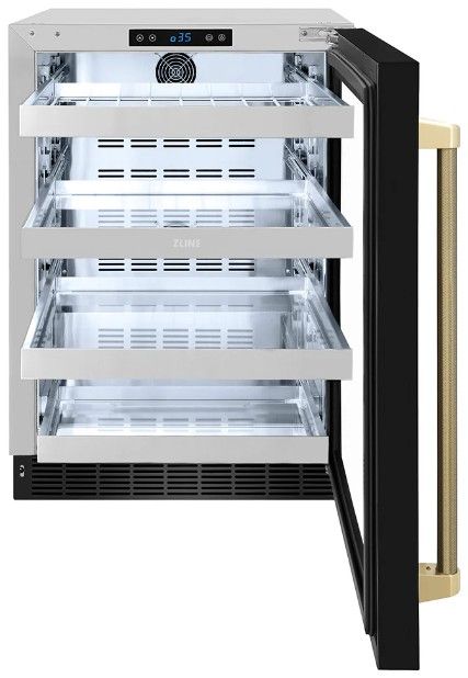 ZLINE Autograph Edition Touchstone 24 " 5.2 Cu. Ft. Black Stainless Steel 151 Can Beverage Fridge with Glass Door and Champagne Bronze Helix Handle -1