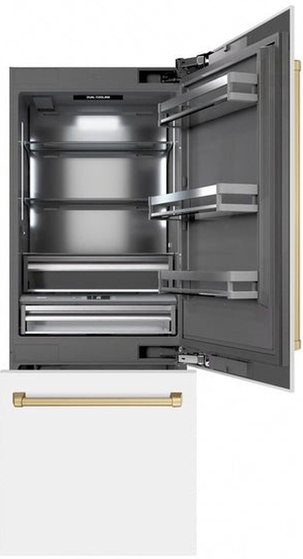 ZLINE Autograph Edition 30" 16.1 Cu. Ft. White Matte Built-In Bottom Freezer Refrigerator with Water Dispenser, Ice Maker, and Champagne Bronze Accents-1