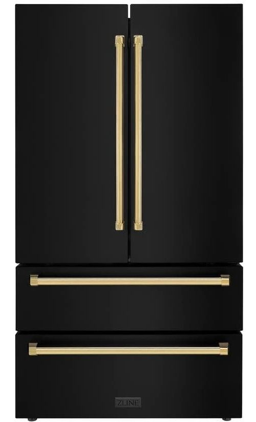 ZLINE Autograph Edition 36" 22.5 Cu. Ft. Fingerprint Resistant Black Stainless Steel Counter Depth French Door Refrigerator with Polished Gold Traditional Handles