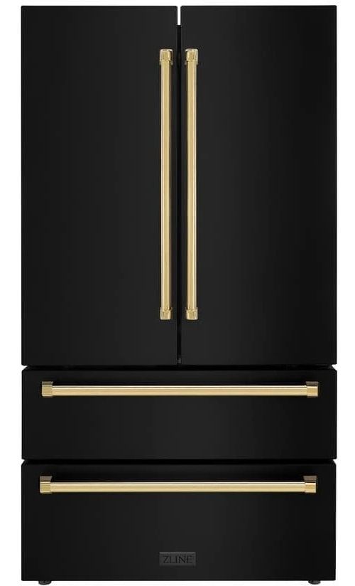 ZLINE Autograph Edition 36" 22.5 Cu. Ft. Fingerprint Resistant Black Stainless Steel Counter Depth French Door Refrigerator with Polished Gold Traditional Handles-0