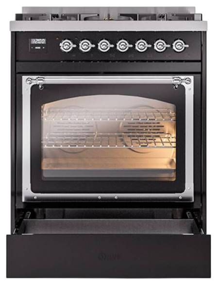 Ilve® Nostalgie II Noblesse 30" Glossy Black Pro Style Dual Fuel Range with Chrome Trim-3