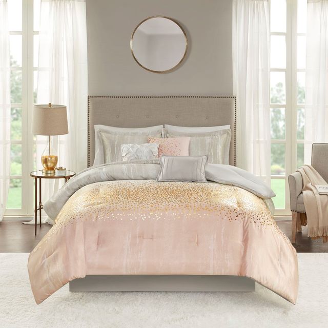 Olliix by Madison Park 7 Piece Blush Queen Midnight Garden Metallic Print Comforter Set-4