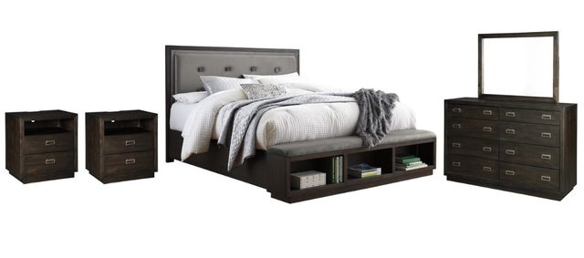 Signature Design by Ashley® Hyndell 5-Piece Dark Brown King Upholstered Panel Storage Bed Set-0