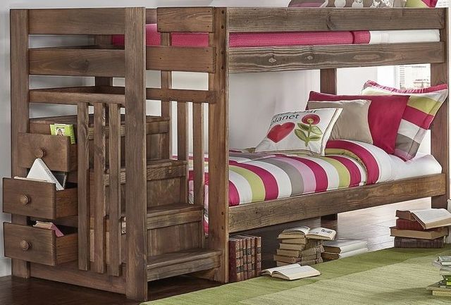 Simply Bunk Beds Chestnut Twin/Twin Stair Bunk Bed with Storage On The Side-0