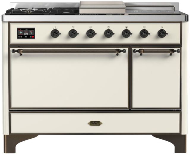 Ilve® Majestic III 48" Antique White Pro Style Dual Fuel Natural Gas Range with 5 Black Brass Burners and Burnished Trim-0