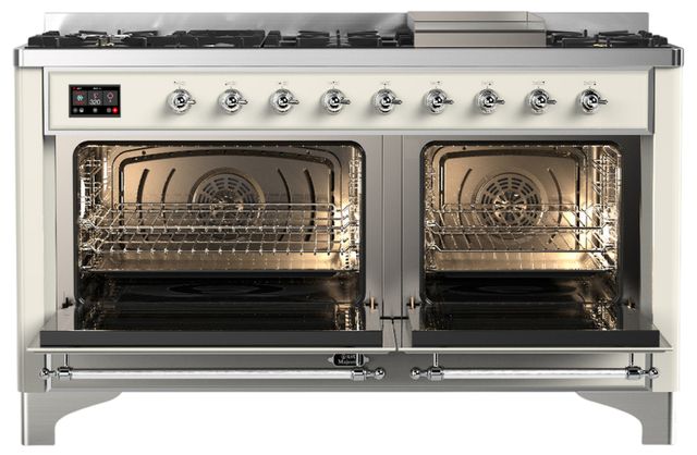 Ilve® Majestic III 60" Antique White Pro Style Dual Fuel Natural Gas Range with Triple Glass Door and Chrome Trim-1