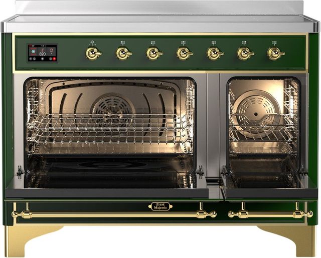 Ilve® Majestic III 48" Emerald Green Pro Style Induction Range with Triple Glass Door and Brass Trim-1
