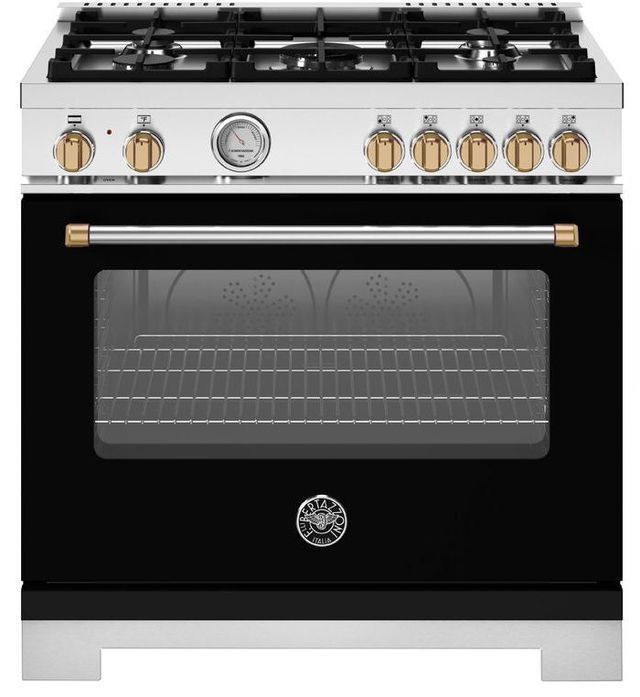Bertazzoni Master Series 36" Fingerprint Resistant Nero Matt Pro Style Gas Range with Gold Accents-0