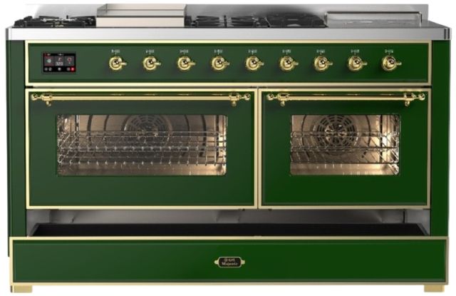 Ilve® Majestic III 60" Emerald Green Pro Style Dual Fuel Liquid Propane Range with French Top and Brass Trim-2