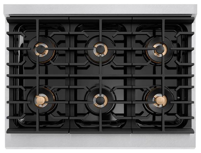 ZLINE Autograph Edition Paramount 36" 5.2 Cu. Ft. Satin Stainless Steel Dual Fuel Range with 6 Burner DuoPro™ Cooktop and Electric Convection Oven with White Matte Door and Polished Gold Accents-2
