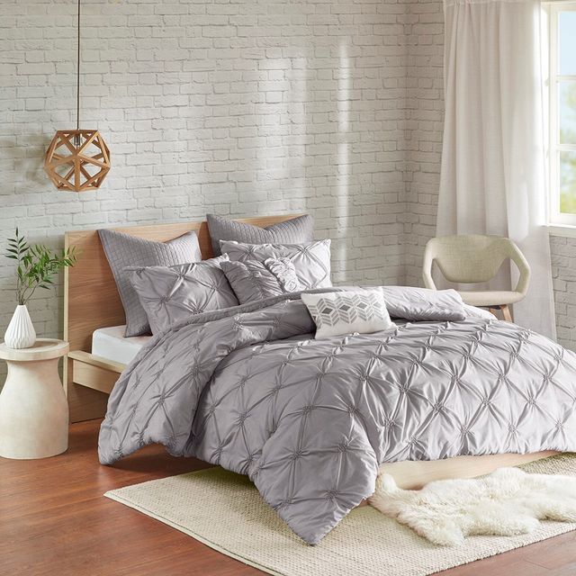 Olliix by Urban Habitat Talia 7 Piece Grey Full/Queen Elastic Embroidered Chambray Comforter Set-1