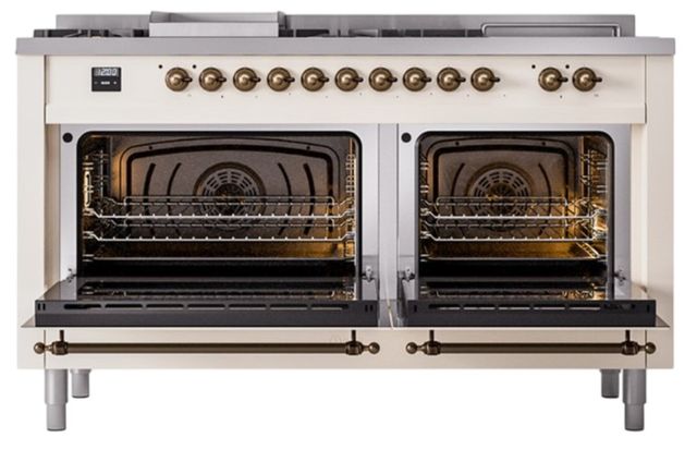 Ilve® Nostalgie II Noblesse 60'' Antique White Pro Style Dual Fuel Range with Burnished Trim-2