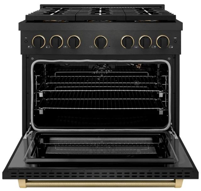 ZLINE Designer Collection Paramount 36" 5.2 Cu. Ft. Black Satin Stainless Steel Gas Range with 6 Burner DuoPro™ Cooktop and Convection Gas Oven with Black Matte and Champagne Bronze Accents-1