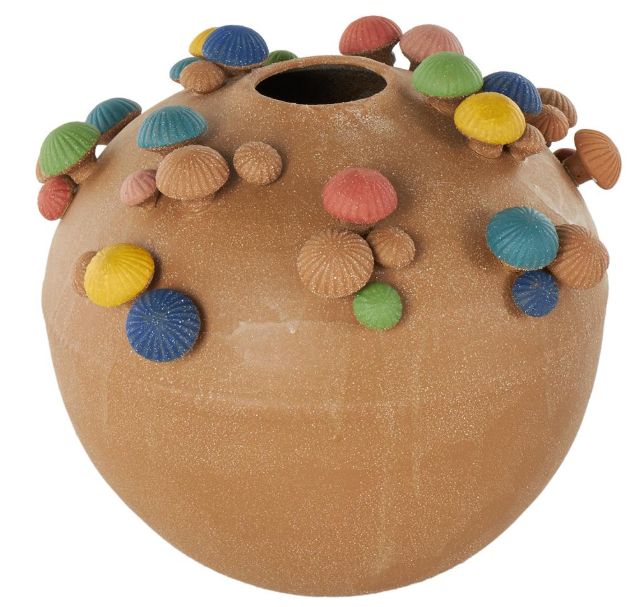 Deco Marche Brown 13" Round Wide Decorative Vase with Multicolor Accents and White Speckles-1