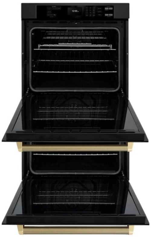 ZLINE Autograph Edition 30" Black Stainless Steel with Champagne Bronze Helix Handles Professional True Convection Double Wall Oven with Air Fry and Self Clean-2