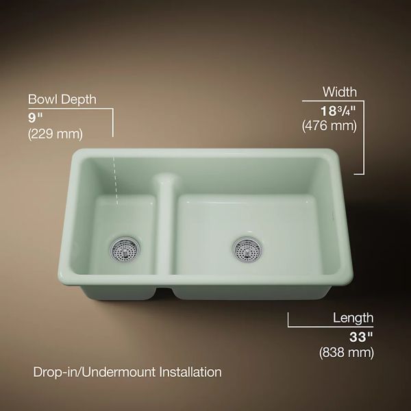 KOHLER® Iron/Tones® Aspen Green Smart Divide® 33" Top/Undermount Double Offset Bowl Kitchen Sink-3