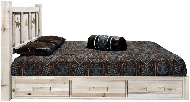 Montana Woodworks® Homestead Ready to Finish California King Platform Storage Bed with Laser Engraved Bronc Design-2