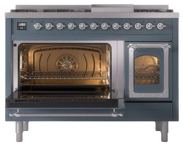 Ilve® Nostalgie II Noblesse 48'' Blue Gray Pro Style Dual Fuel Range with Chrome Trim-3