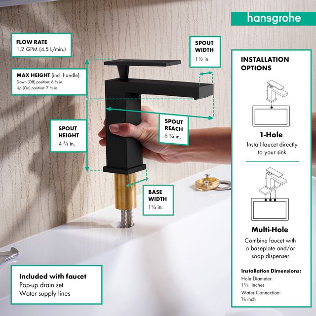 Hansgrohe Tecturis E Matte Black Single-Hole Faucet 110 with Pop-Up Drain-2