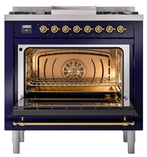 Ilve® Nostalgie II Noblesse 36'' Midnight Blue Pro Style Dual Fuel Range with Brass Trim-1