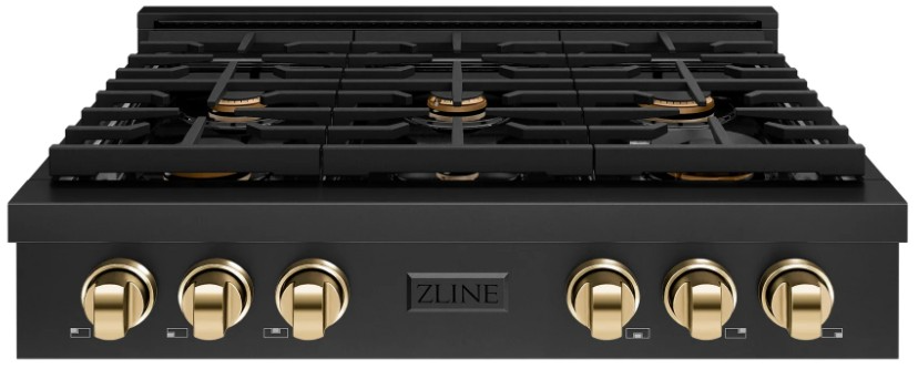 ZLINE 36 in. Autograph Edition Paramount Gas Rangetop with 6 Burners and Porcelain Cooktop in Black Stainless Steel with Polished Gold Accents (SRTBZ-36-G)