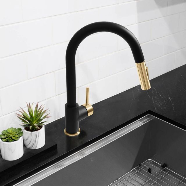 ZLINE Autograph Edition Champagne Bronze/Matte Black Gemini Pull Down Single Handle Kitchen Faucet-4