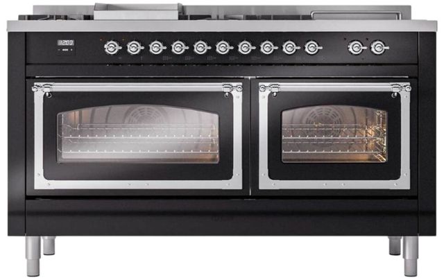 Ilve® Nostalgie II Noblesse 60'' Glossy Black Pro Style Dual Fuel Range with Chrome Trim-1