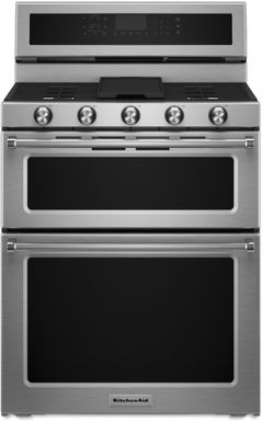 KitchenAid® 30" Stainless Steel Freestanding Dual Fuel Double Oven Range