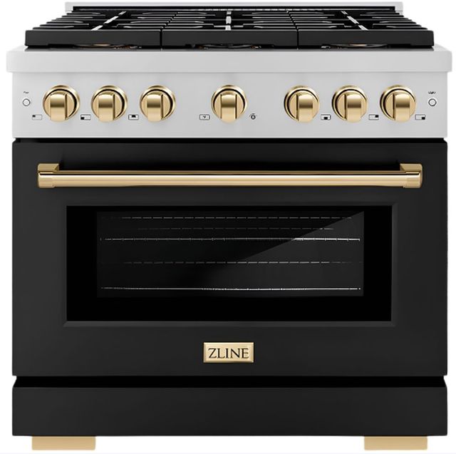 ZLINE Autograph Edition Paramount Series 36" Stainless Steel Pro Style Dual Fuel Range with Matte Black Door and Polished Gold Accents-0