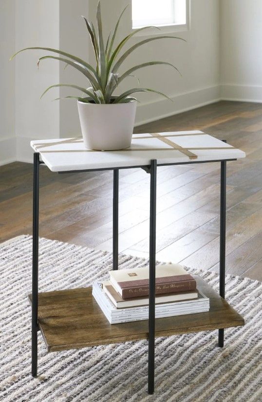 Signature Design by Ashley® Braxmore White Marble Top Accent Table with Light Brown Shelve and Black Stand -4