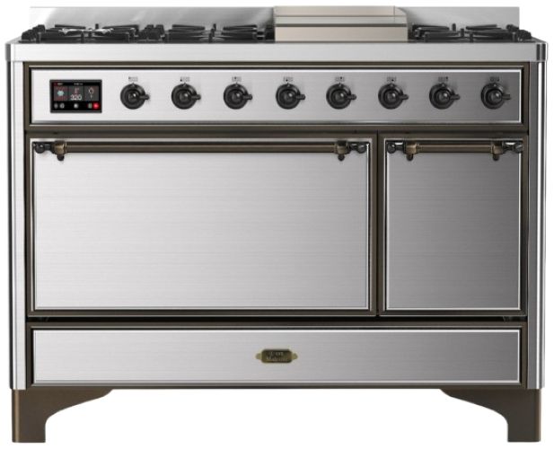 Ilve® Majestic III 48" Stainless Steel Pro Style Dual Fuel Liquid Propane Range with 8 Burners and Burnished Trim-0