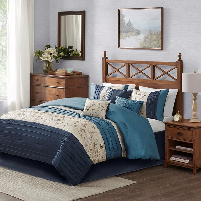 Olliix by Madison Park Serene 7 Piece Navy Queen Embroidered Comforter Set-1