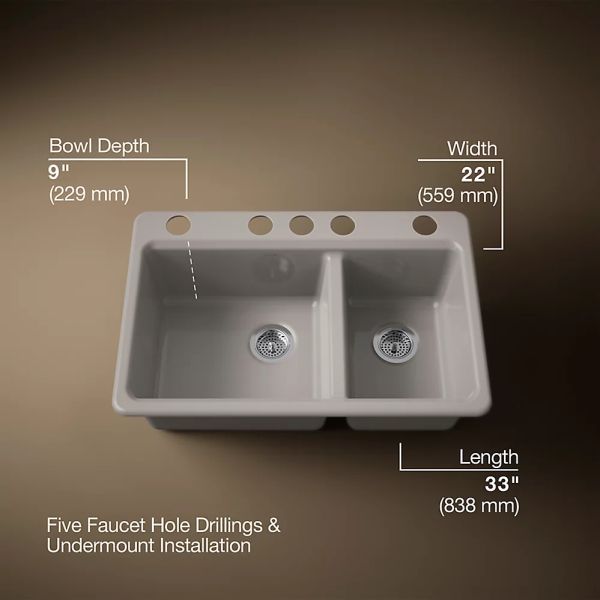KOHLER® Riverby® Truffle 33" Undermount Double-Bowl Workstation Kitchen Sink with Accessories-3