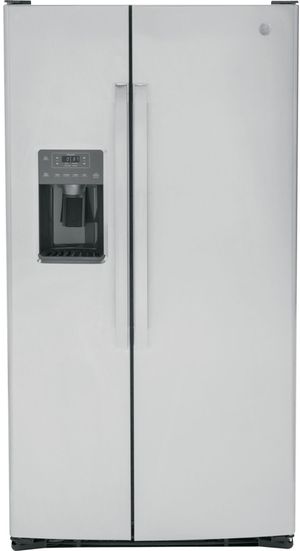 GE® 36 in. 25.3 Cu. Ft. Fingerprint Resistant Stainless Steel Side-by-Side Refrigerator Front view of the GE® 36 in. 25.3 Cu. Ft. Fingerprint Resistant Stainless Steel Side-by-Side Refrigerator