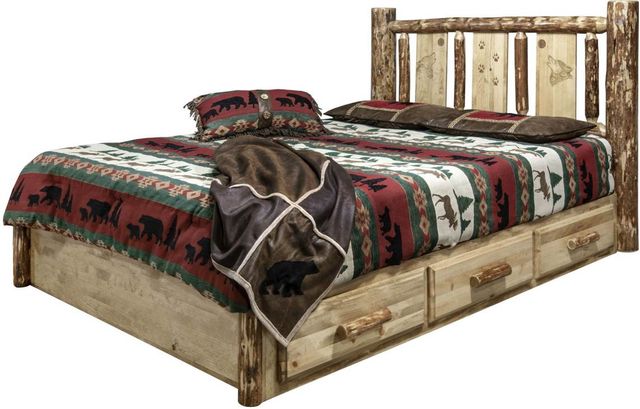 Montana Woodworks® Glacier Country Stained and Lacquered Full Platform Storage Bed with Laser Engraved Wolf Design-3