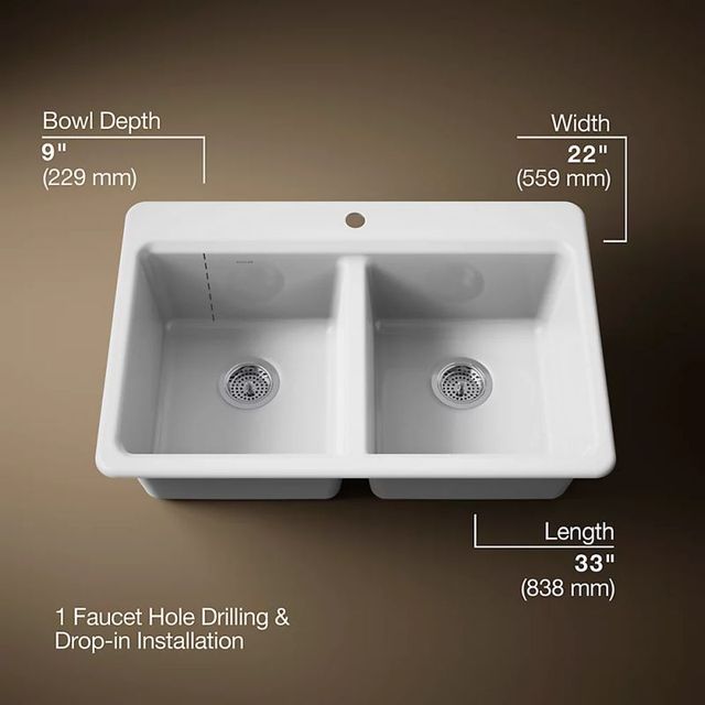 KOHLER® Riverby® White 33" 1-Faucet Hole Top-Mount Double Equal-Bowl Workstation Kitchen Sink-3