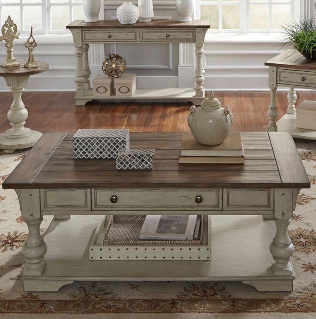 Liberty Furniture Morgan Creek Wirebrushed Tobacco 52" Cocktail Table with Antique White Base-1