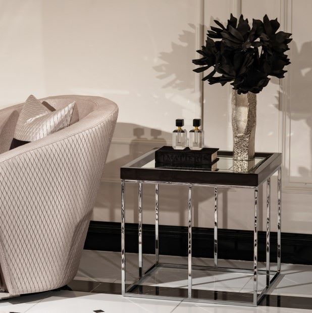 Michael Amini® Carmela Glossy Charcoal Sand End Table with Silver Base-1