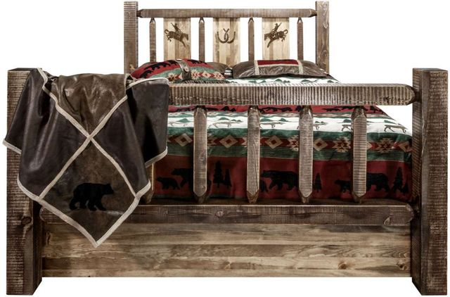 Montana Woodworks® Homestead Stain & Clear Lacquer Twin Storage Bed with Laser Engraved Bronc Design-1