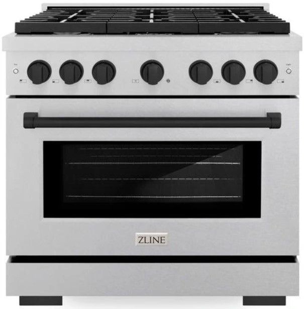 ZLINE Autograph Edition 36" Satin Stainless Steel Pro Style Gas Range with 6 Burner Cooktop and Matte Black Accents-0